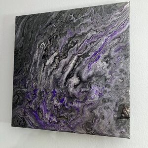 Abstract Fluid Pour Painting silver purple black 10" x 10" Canvas Home Decor Art